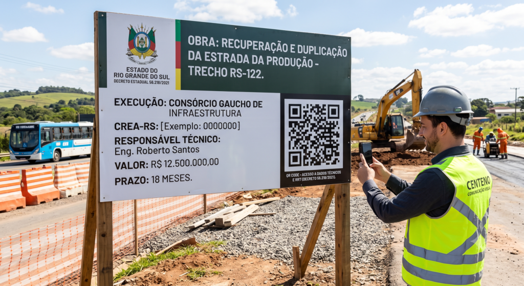 Foto realista de uma placa de obra pública no Rio Grande do Sul em conformidade com o Decreto 56.218/2021. À direita, um engenheiro com colete refletivo da Centeno Comunicação Visual usa o celular para escanear o QR Code em destaque na placa. Ao fundo, uma rodovia em obras com maquinário pesado e ônibus circulando.
