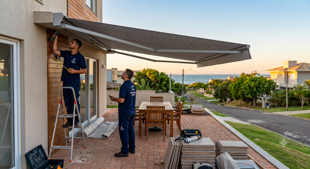 Dois técnicos de uniforme azul escuro instalam um grande toldo retrátil cinza na varanda de uma casa moderna. Um deles está subido em uma escada de alumínio ajustando a fixação na parede, enquanto o outro observa de pé no piso de tijolos. Ao fundo, há uma mesa de madeira e uma bela paisagem costeira com vista para o mar.