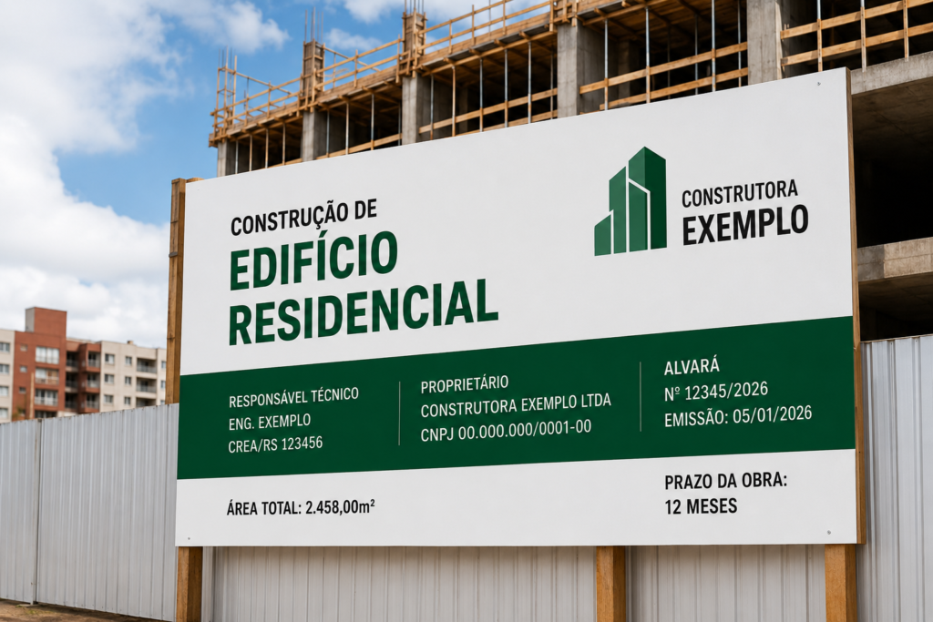 Placa de obra instalada em frente a um edifício residencial em construção, com estrutura de concreto ao fundo e informações técnicas do empreendimento.