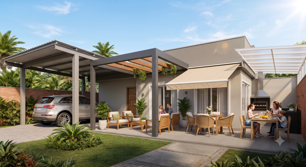 Uma casa moderna de andar único com diferentes tipos de cobertura externa sob um céu azul. À esquerda, uma garagem coberta abriga um carro prata. No centro, uma varanda com pergolado de madeira e metal acomoda poltronas de madeira. À direita, um toldo retrátil bege e uma área de churrasqueira coberta por policarbonato translúcido, onde uma família faz uma refeição em uma mesa de jantar externa.