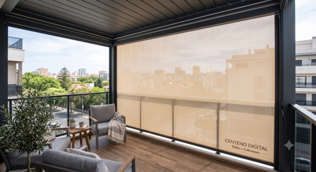 Cortina de lona retrátil fechando varanda residencial