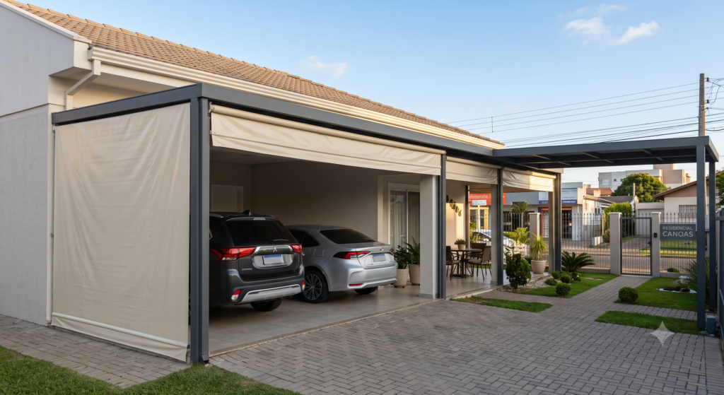 Casa residencial em Canoas com toldo cortina retrátil bege instalado na garagem e na varanda gourmet, protegendo carros e espaço externo.