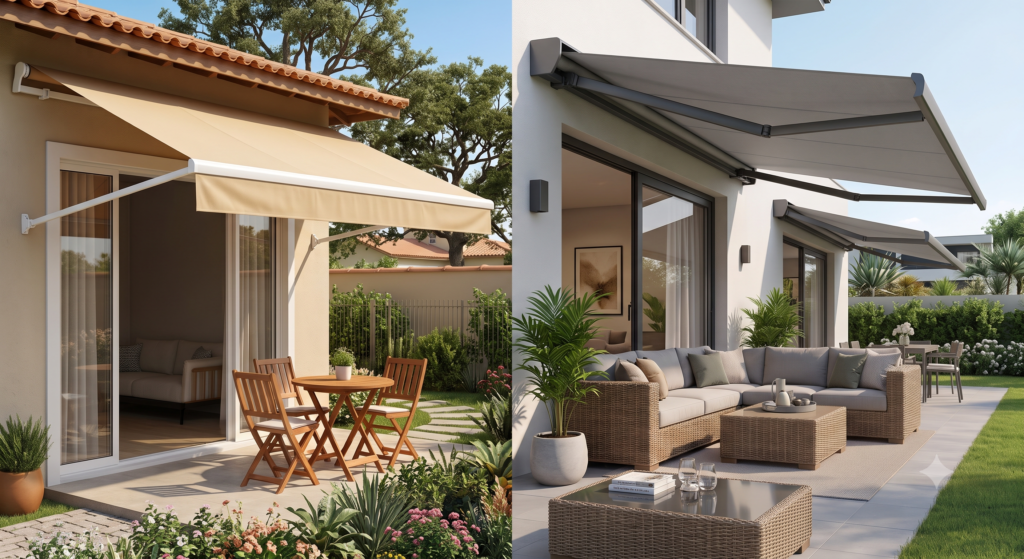 Imagem dividida ao meio comparando dois ambientes externos. Do lado esquerdo, um toldo fixo bege cobre uma mesa de madeira com duas cadeiras em um quintal aconchegante. Do lado direito, um moderno toldo retrátil cinza-escuro cobre um sofá de canto em uma varanda gourmet sofisticada.