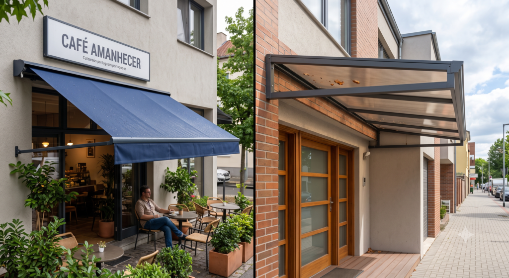 Imagem dividida ao meio comparando dois tipos de coberturas residenciais e comerciais: à esquerda, um toldo retrátil de lona azul escura em um café; à direita, uma cobertura fixa de policarbonato translúcido sobre a entrada de uma casa.