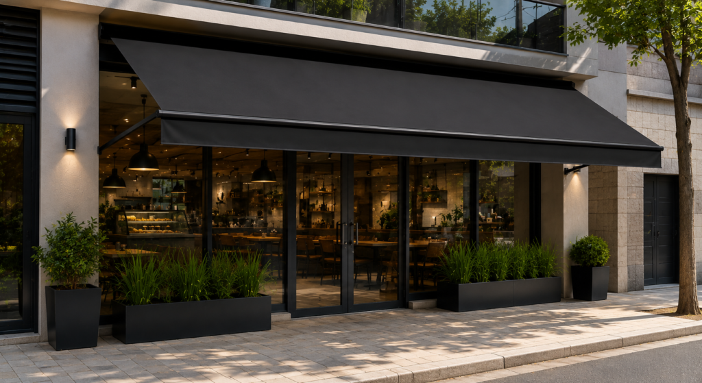 Toldo retrátil preto instalado na fachada de um estabelecimento comercial moderno, com portas de vidro e área externa arborizada.