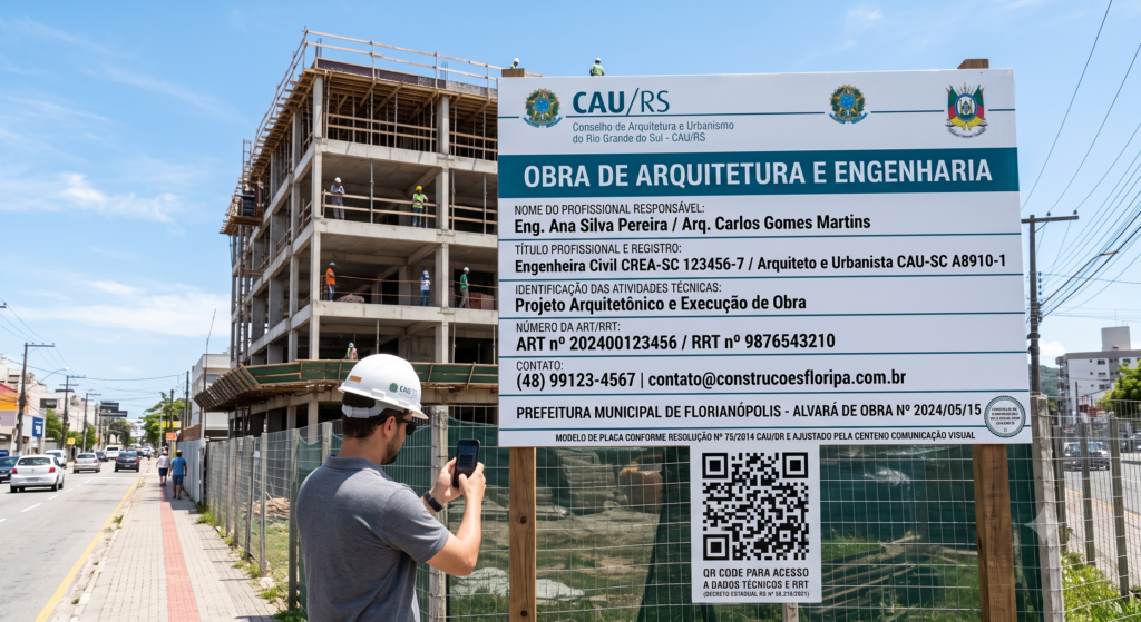 Foto realista de uma placa de obra de arquitetura e engenharia em conformidade com o CAU/RS e o Decreto Estadual 56.218/2021. Fixada em um canteiro urbano com um prédio em construção ao fundo, a placa branca detalha nomes dos responsáveis, registros do CREA e CAU, além de um QR Code destacado na base sendo escaneado por um profissional com capacete branco.