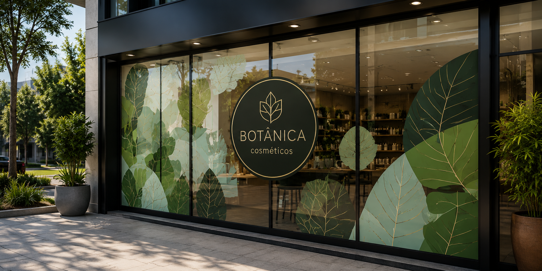 Fachada de loja de cosméticos com adesivo decorativo de folhas aplicado na vitrine de vidro.