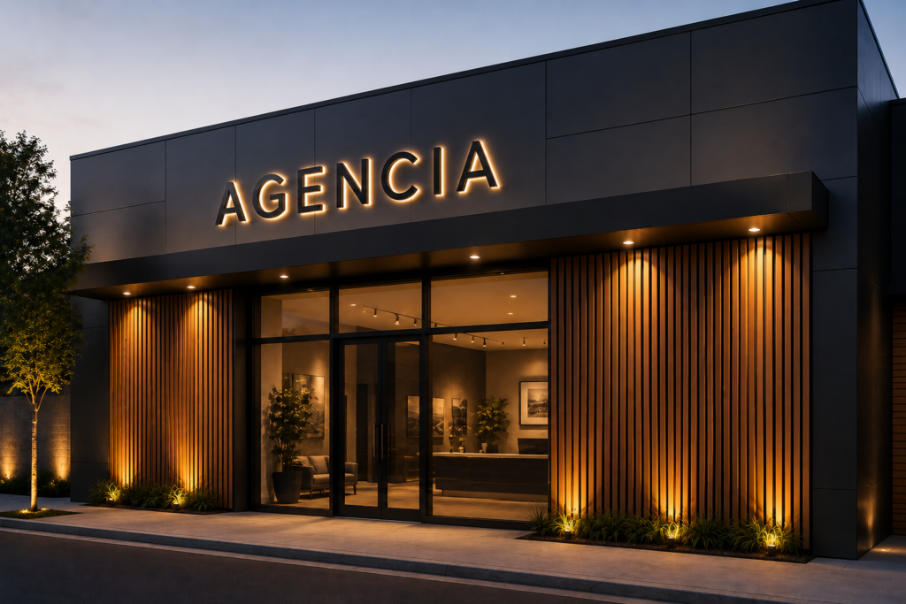 Fachada comercial moderna com revestimento em ACM, ripado de madeira, fachada envidraçada e letreiro iluminado "AGENCIA", representando um projeto de comunicação visual com acabamento de alto padrão.