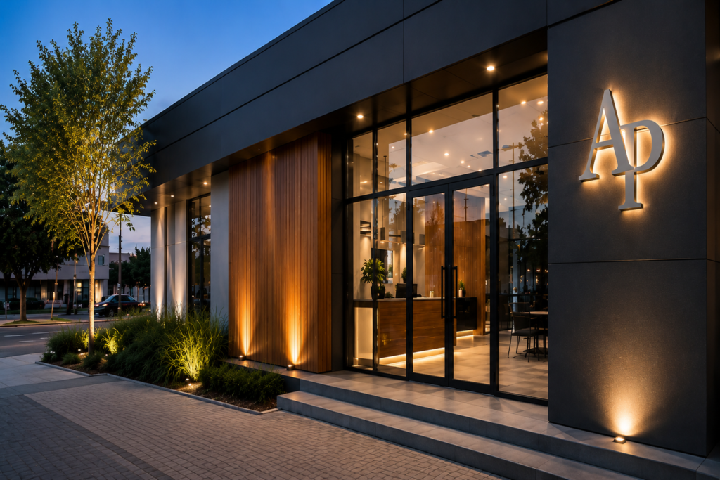 Fachada comercial moderna em tons escuros, com revestimento amadeirado, grandes portas de vidro e letreiro iluminado “AP”, destacada por iluminação arquitetônica ao anoitecer.