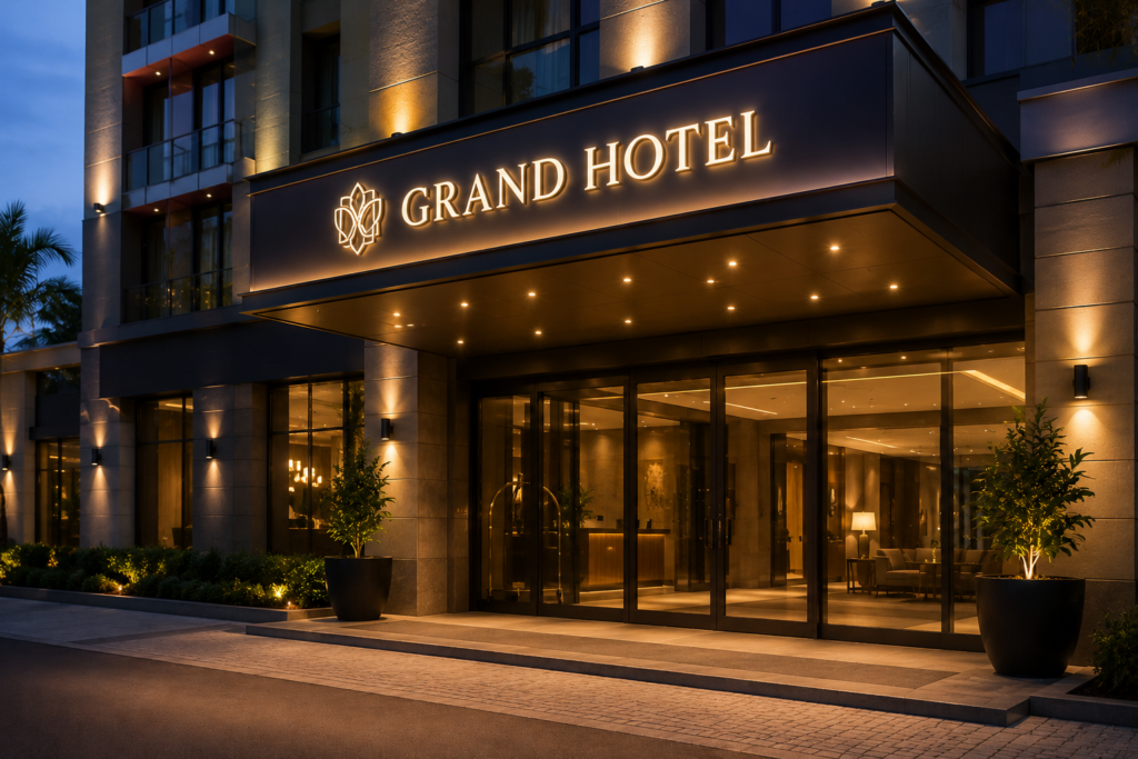 Fachada moderna de hotel com letreiro iluminado em letra caixa, entrada envidraçada e iluminação arquitetônica em LED durante o período noturno.