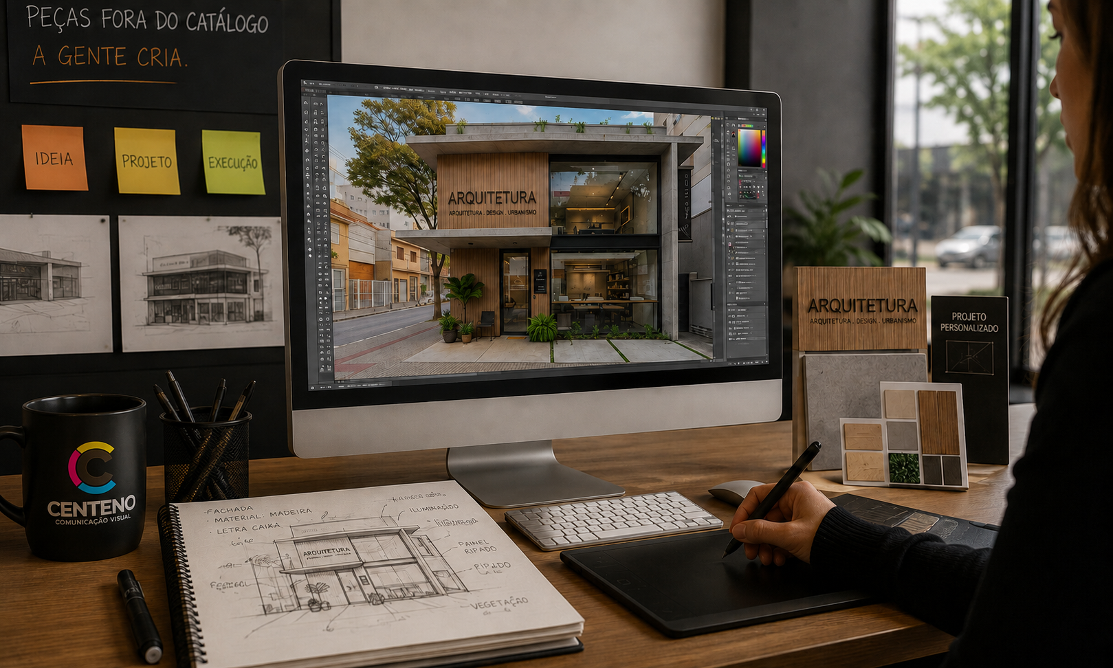 Designer desenvolvendo um projeto personalizado de comunicação visual em computador, com esboços, materiais e identidade visual da Centeno.