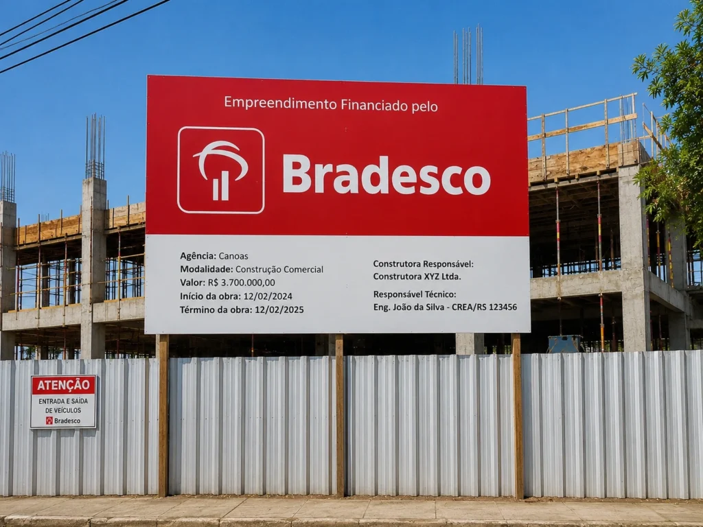 Placa de obra de empreendimento financiado pelo Bradesco instalada em canteiro de obras em Canoas