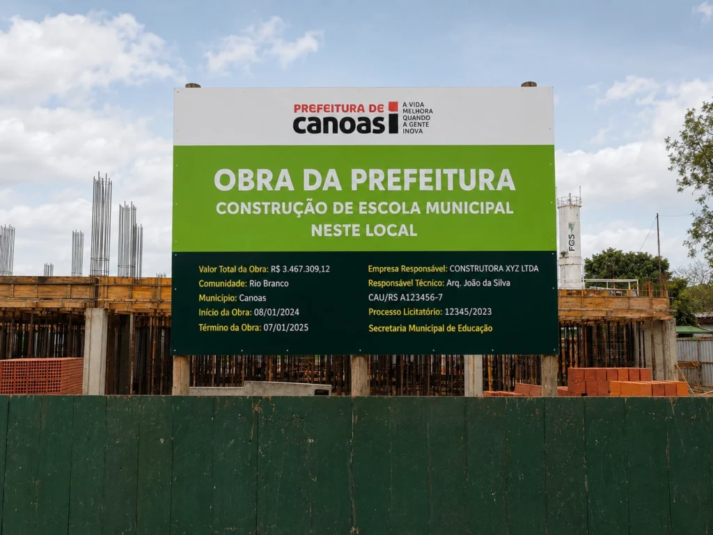 Placa de obra da Prefeitura de Canoas para construção de escola municipal instalada na obra
