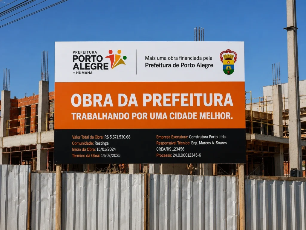 Placa de obra da Prefeitura de Porto Alegre instalada no tapume de um canteiro de obras