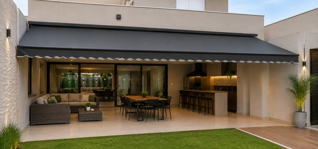Toldo fixo instalado em área externa em Porto Alegre