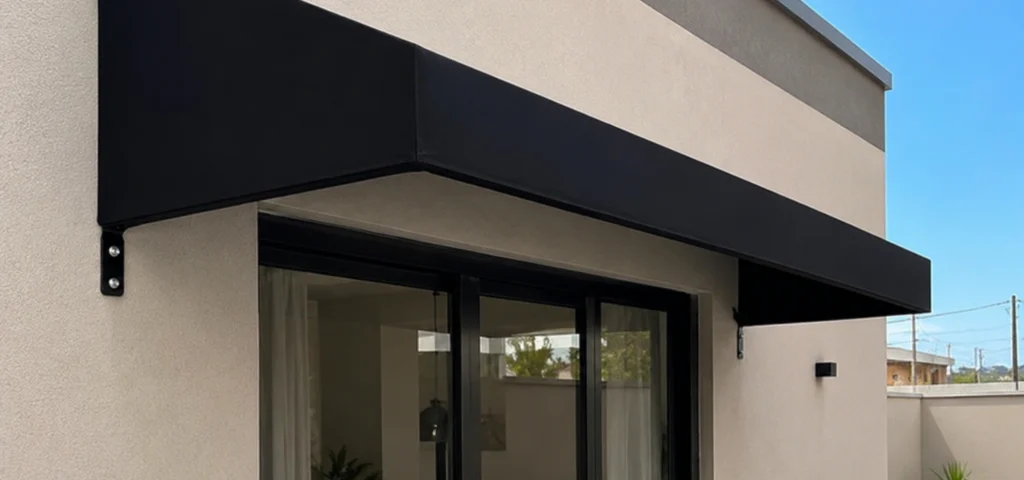 Toldo fixo em lona instalado sobre varanda residencial