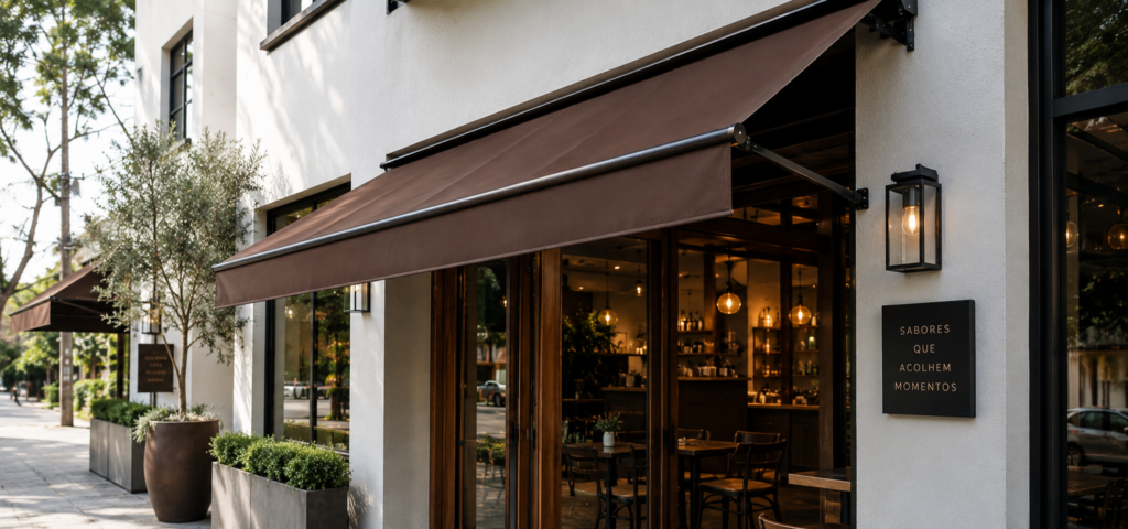 Toldo retrátil aberto em área gourmet