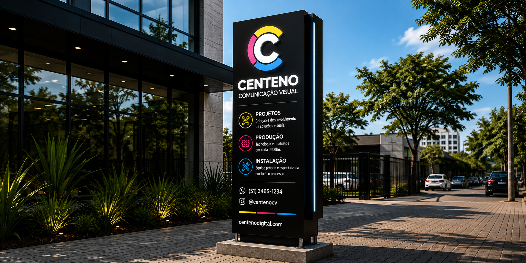 Totem personalizado da Centeno Comunicação Visual em frente a um edifício comercial moderno.