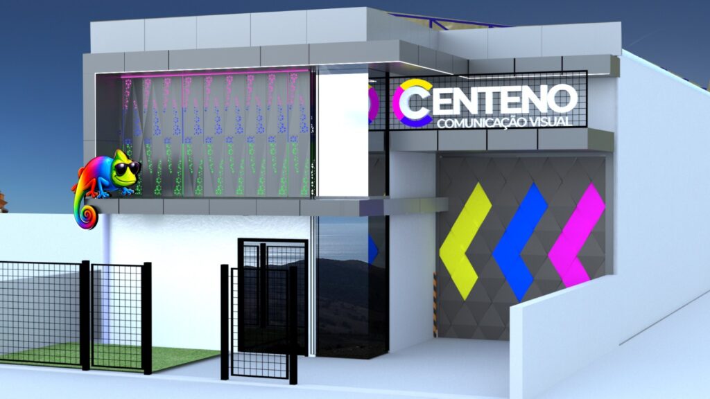 Fachada da Centeno Comunicação Visual em Canoas, com letreiro luminoso e painel em ACM