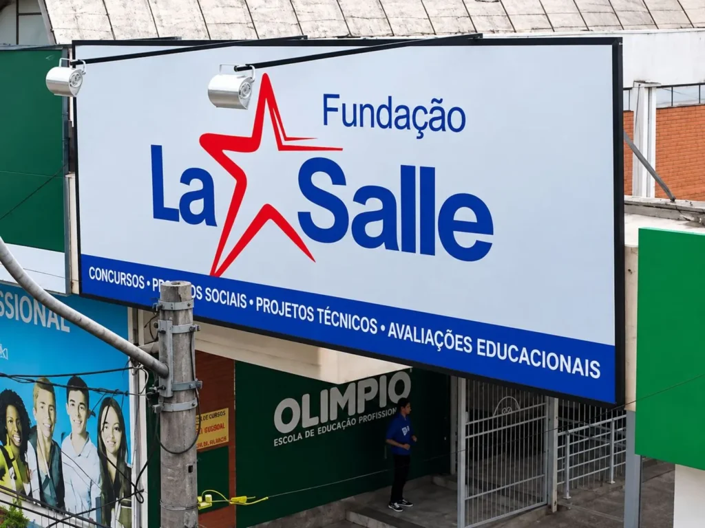 Placa da Fundação La Salle instalada na fachada da instituição